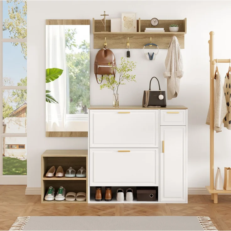 Garderoben-Set 139,5x35x166 cm in Weiß und Natur mit Schuhschrank, Sitzbank, Wandgarderobe und Spiegel – Bild 5