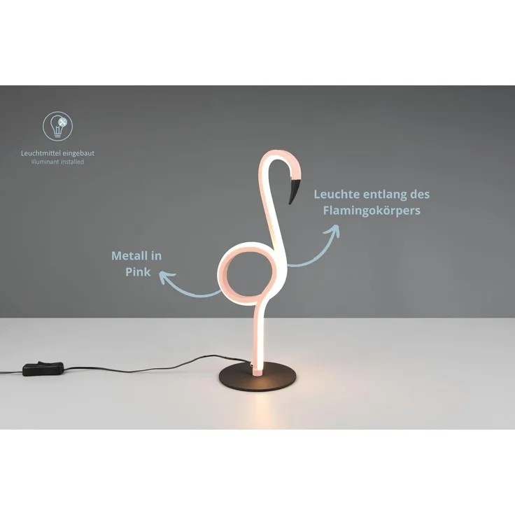 lightling LED Tischleuchte Inga, LED fest integriert, Warmweiß, mit Schnurschalter, IP20 Indoor, Flamingo-Design, pink