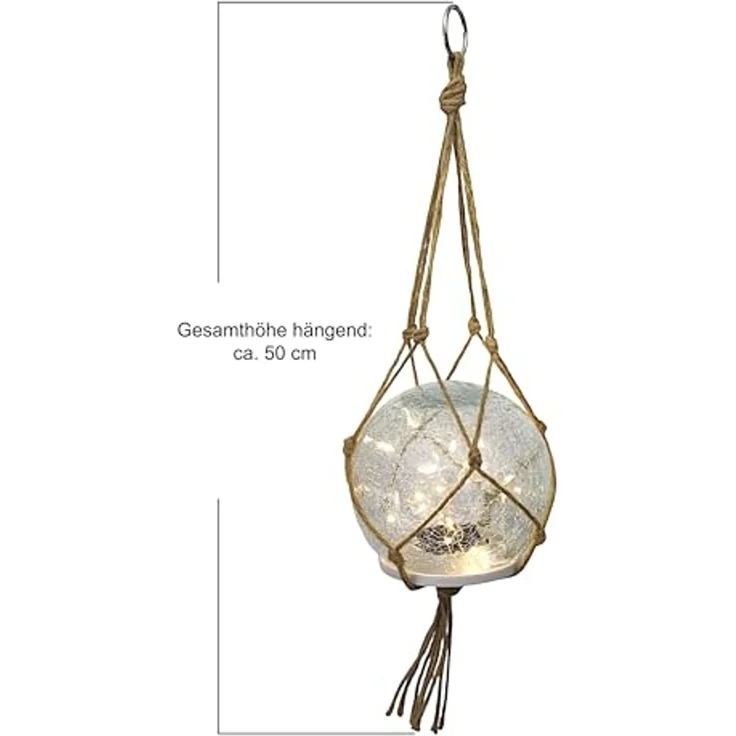 Arnusa LED Solarleuchte Solarlampe Garten als Hängelampe und Tischlampe Solar Kugel 2er Set, Dämmerungssensor, LED fest integriert, warmweiß, Boho-Stil mit hochwertigem Glas mit Jute Netz – Bild 4