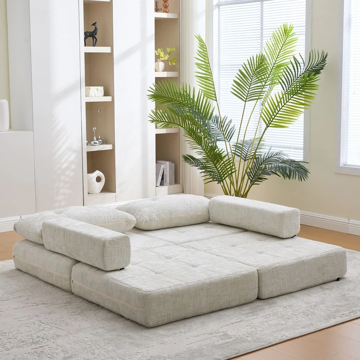 Klappsofa Bett mit Kopf- & Lendenkissen, multifunktionales Schlafsofa, 2-in-1 Faltsofa mit hochdichtem Schaumstoff,Beige – Bild 4