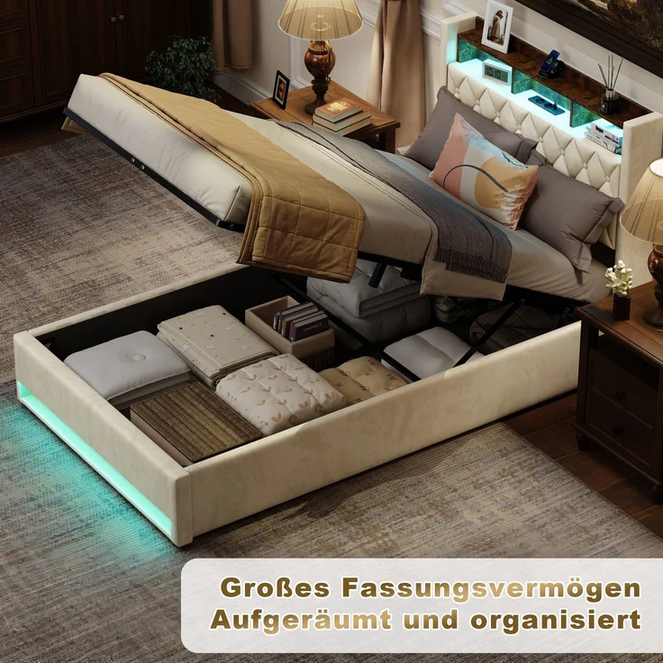 Polsterbett 140x190 cm, Beige, mit Lattenrost, schlichtes Design (ohne Matratze) – Bild 6