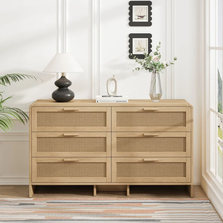 Kommode Kleiderschrank Rattan 6 Schubladen Natur Arc Shaped Corner Aufbewahrung Sideboard Dressingtable – Bild 3