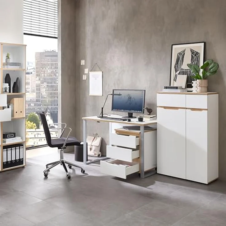 Stella Trading Memphis Schreibtisch in Weiß, Artisan Eiche Optik - Moderner Bürotisch Computertisch mit Metallgestell & Kabeldurchführungen - 170 x 77 x 73 cm (B/H/T) – Bild 3