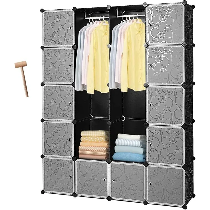 Lospitch Kleiderschrank, Tragbarer Regalsystem, 20 Würfel DIY Regalsystem Kleiderschrank Offen Kunststoff Garderobe mit Türen Garderobenschrank Schwarz 180 x 142 x 37CM
