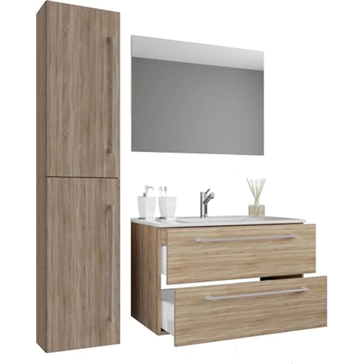 VCM Badmöbelset Badinos, 4-tlg. Waschplatz mit 2 Schubladen, Spiegel aus ESG-Sicherheitsglas, Keramik Waschbecken, Unterschrank 61x46 cm oder 81x46 cm, Hochschrank 151x33x22 cm – Bild 1