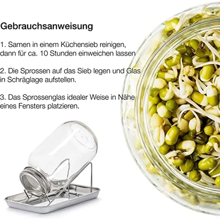 BigDean Anzuchttopf Sprossenglas Keimglas 1000ml mit Edelstahl-Gitterdeckel + Ständer (Set, Sprossengläser), Sprossenglas, Leichte Anwendung, Gesunde Ernährung, Einfache Reinigung – Bild 5