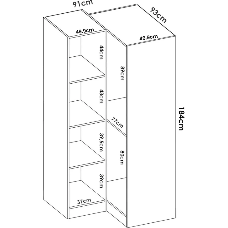 Dmora Kleiderschrank 2 Türen Aser, Eckschrank für Schlafzimmer, Eckschrank, 91x93h184 cm, Weiß – Bild 3