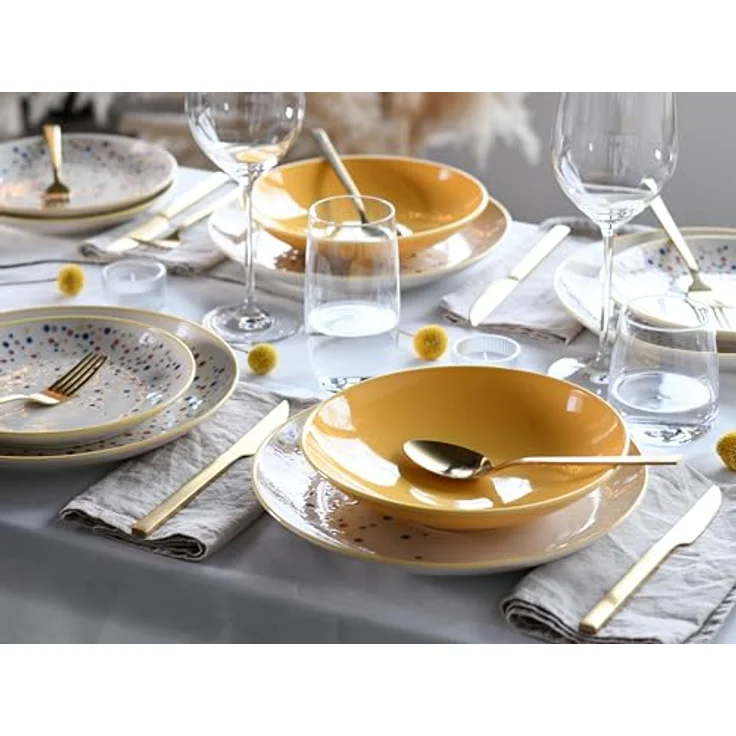 Creatable Tafelservice Joy, 12-teiliges Geschirrset in Gelb-bunt und Creme, handbemalt, lebensmittelecht, stapelbar – Bild 2