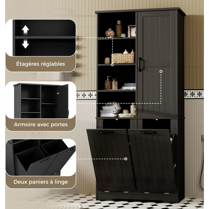Badezimmerschrank 78 x 35 x 172,7 cm mit 2 Wäschekörben und verstellbarem Einlegeboden – Schwarz – Bild 7