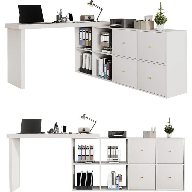 Flieks rechter Ecke 360° Drehschreibtisch, L Eckschreibtisch mit Sideboard, 4 Fächern & 4 Schubladen, 120×48×78 cm + 140×35×73.5 cm, Weiß