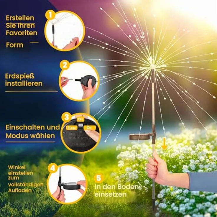 GIGALUMI Pusteblume Solarleuchten, 4 Stück mit 120 LEDs, Wetterfest für Balkon und Terrasse, flexible Kupferdraht-Dekoration – Bild 4