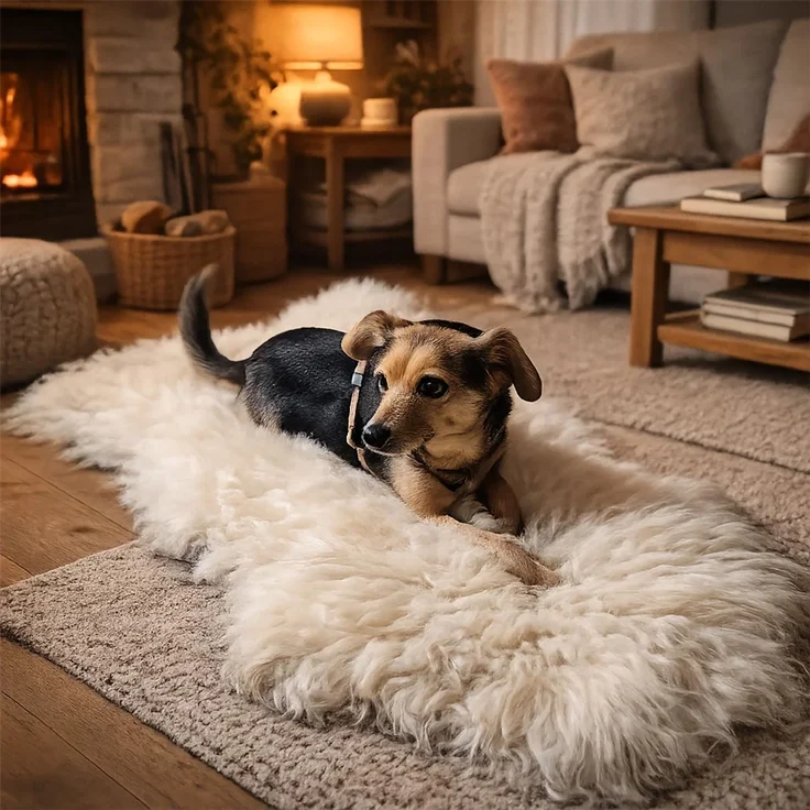 Provellus Hundebett Katzenbett Schaffell – Weich, Warm, Natur Weiß, 100-120 cm – Bild 5