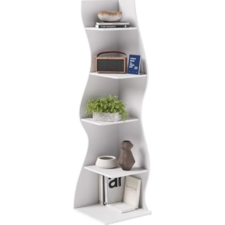LITTLE TREE Bücherregal Ecke, Modernes Regal Schmal mit 6 Ebenen, 50 x 48 x 179 cm Bücherregal Holz, Standregal mit Wellen-Design für Kleine Räume, Wohnzimmer & Schlafzimmer, Weiß, 2er Pack – Bild 6