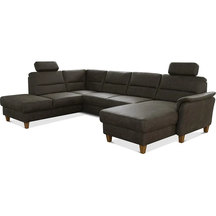 CAVADORE U-Form-Sofa Palera / Federkern-Wohnlandschaft mit Schlaffunktion, Stauraum und 2 Kopfstützen / 314 x 89 x 212 / Mikrofaser in Lederoptik, Oliv