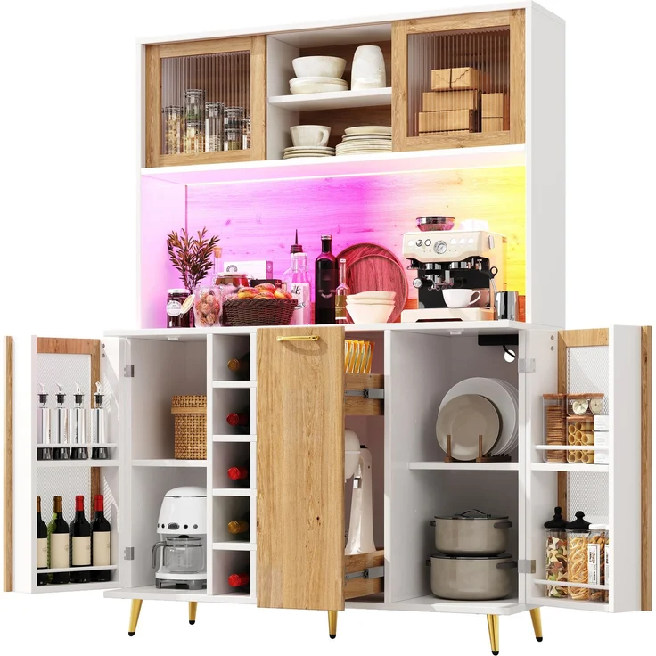 Seitenboard / Aufbewahrungsschrank / Multifunktions-Küchenschrank / Buffetschrank, 120x40x170cm, mit LED-Beleuchtung, Weinregal & Snackregal, 5 Türen, integrierte Steckdose, Weiß mit Holzoptik – Bild 8