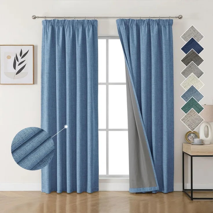 Joydeco 100% Verdunkelungsvorhänge Leinen Gardinen mit Kräuselband 2er Set H229xB132cm Wathet, Thermovorhang Kälteschutz Blickdicht Schallschutz Ideal für Wohnzimmer passt zu Schienensystemen