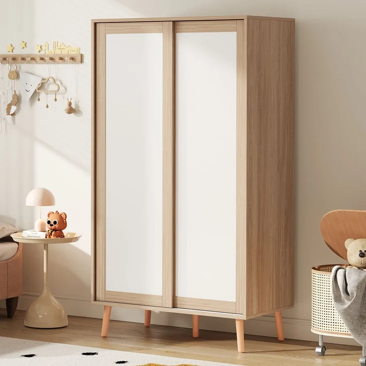 Kleiderschrank mit doppelten Schiebetüren, Kleiderstange, Ablageflächen, abriebfester Oberfläche, feuchtigkeitsbeständig – Bild 2