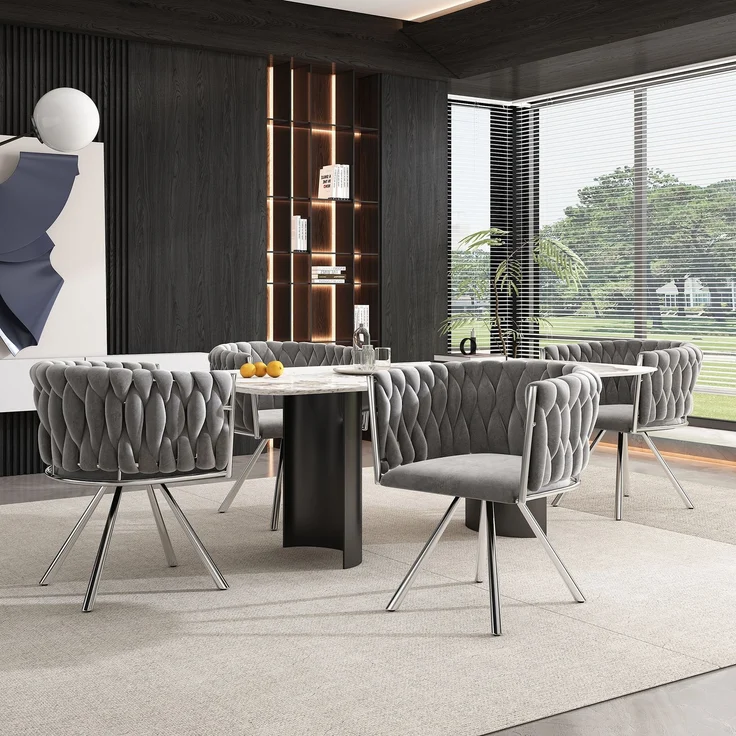 Merax Samt-Esszimmerstuhl, 4er set, Schlafzimmer-Drehstuhl, 360° drehbar Freizeit-Drehstuhl mit vier Stützbeinen aus Metall, Grau+Silber – Bild 2