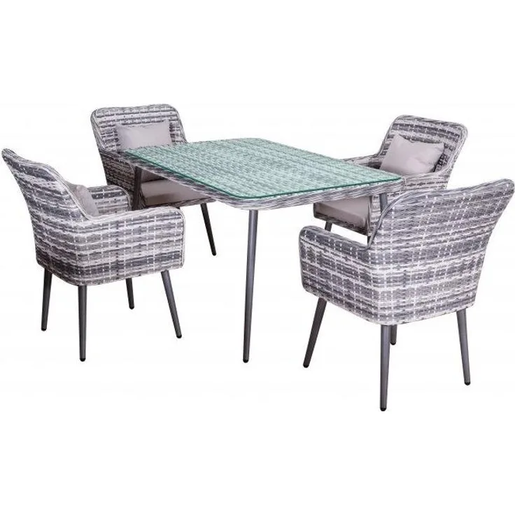 Jet-Line Essgruppe Lima, 5-tlg, 1 Tisch (inklusive Glasplatte), 4 Stühle, Aluminium (Gestell), Polyrattan (Sitzfläche), grau (2822)