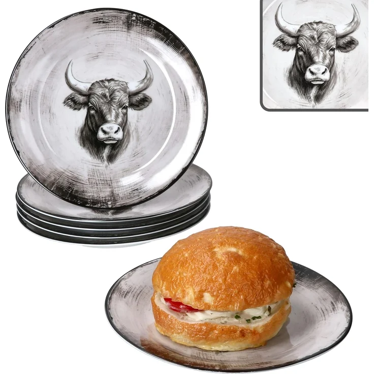 MamboCat Frühstücksteller Toro 6x Kuchenteller Porzellan 6 Pers Dessert-Teller Alm Kuh Landhaus – Bild 1