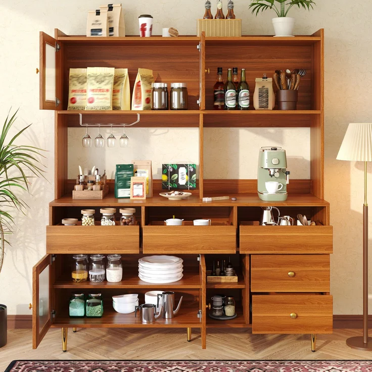 Restaurant-Hochschrank (145 x 39 x 171 cm), modernes und schlichtes Design, mit Changhong-Glastür, Weinglasregal, mehrschichtigem Stauraum, Holzstruktur und Golddekoration, geeignet für Restaurants--Walnussbraun--145x39x171cm--YOUDENOVA – Bild 2