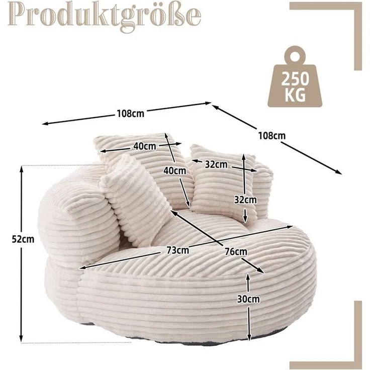 LVHOM Sitzsack 108x108x52cm Chenille Premium Sofa mit 3 extra Kopfkissen (Kuschelig & Atmungsaktiv, Einzelsitzer-Lounge, komplett komprimiert geliefert. Perfekt für Ruhe, Lesen, Gaming & Nickerchen. Ideal für Wohnzimmer, Schlafzimmer, Spielzimmer & Off... – Bild 2