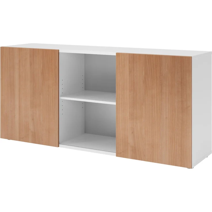 bümö Schwebetürenschrank, Sideboard Weiß/Nussbaum - Büromöbel Sideboard Holz 160cm breit, 42cm schmal, Büro Schrank mit Schwebetür für Flur oder als Wohnzimmer-Kommode, 1780-W-N