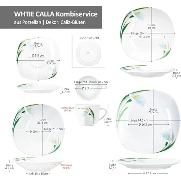 MamboCat Kombiservice 30tlg Kombiservice White Calla Porzellan 6 Pers Tassen Teller Blumen, Porzellan – Bild 6