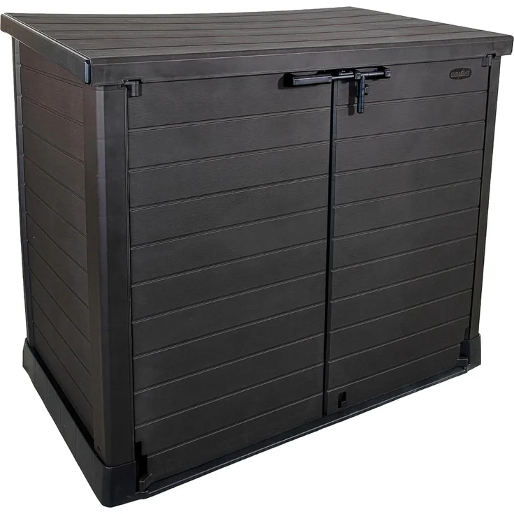 Duramax Cedargrain StoreAway 1200L Gartenhaus aus Kunststoff / flacher Deckel, Mülltonnenbox, Gartenhaus, solide Konstruktion, ideal für Werkzeuge, BBQs und 2x240L Mülltonnen, 145 x 85 x 125 cm, Braun