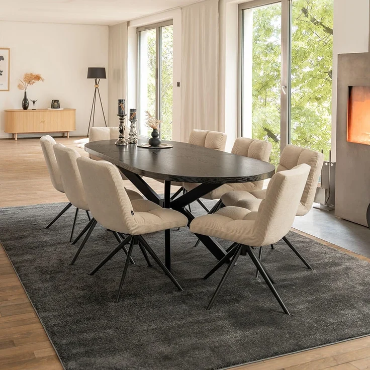 HOME DELUXE Essgruppe Oval Ausziehbar inkl. Sternfuß - 160 x 100 cm Dark Oak 8 Stühle Creme – Bild 1