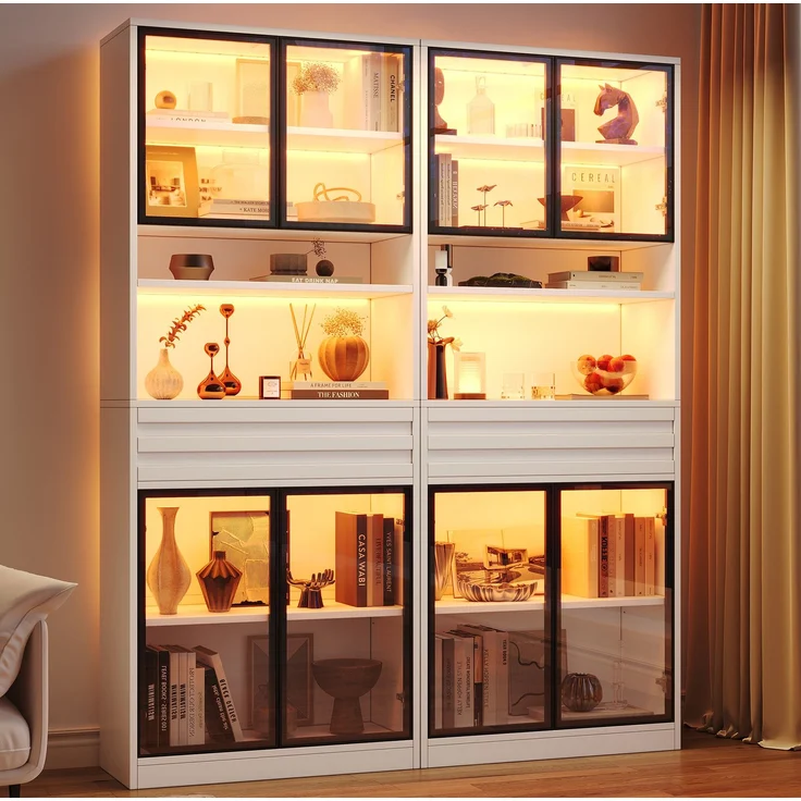 DESVIAE Regal-Set 2-tlg. Weiß aus MDF – 160x200x35 cm – 8 Glastüren, 2 Schubladen, LED-Beleuchtung – Bild 3