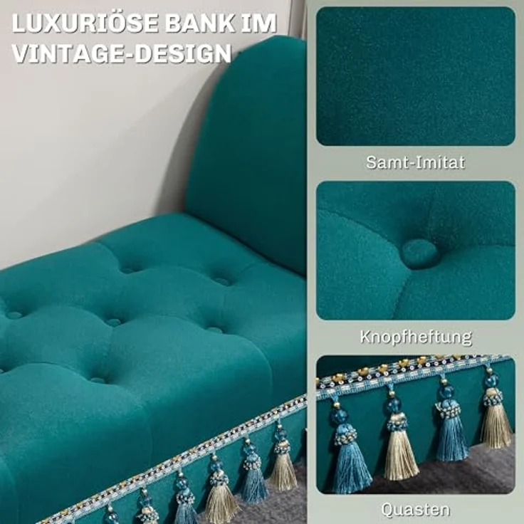 HOMCOM Polsterbank Hockerbank, Bettrbank mit Samtoptik (Sitzbank, 1-St, Schminktischbänke), für Schlafzimmer, Grün – Bild 6
