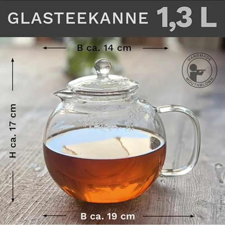 Creano Teekanne Creano Teekanne aus Glas 1,3l, 3-Teilige Glasteekanne mit Integriertem, (1er-Set, 2-St), tropffrei – Bild 3