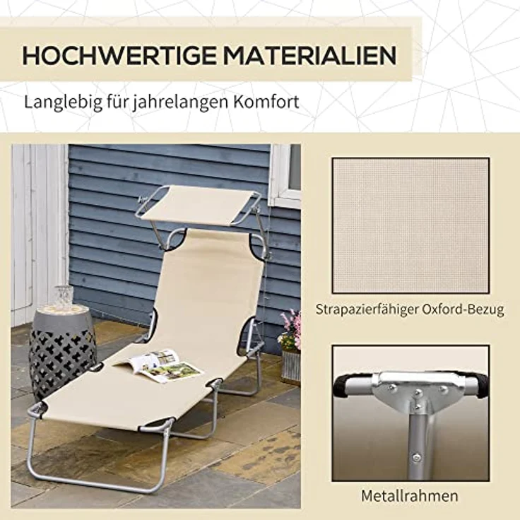 Outsunny Sonnenliege klappbar Gartenliege mit Dach, Liegestuhl mit 4-Fach verstellbare Rückenlehne, wetterfeste Campingliege bis 120 kg belastbar, für Garten Strand Pool, Beige – Bild 7