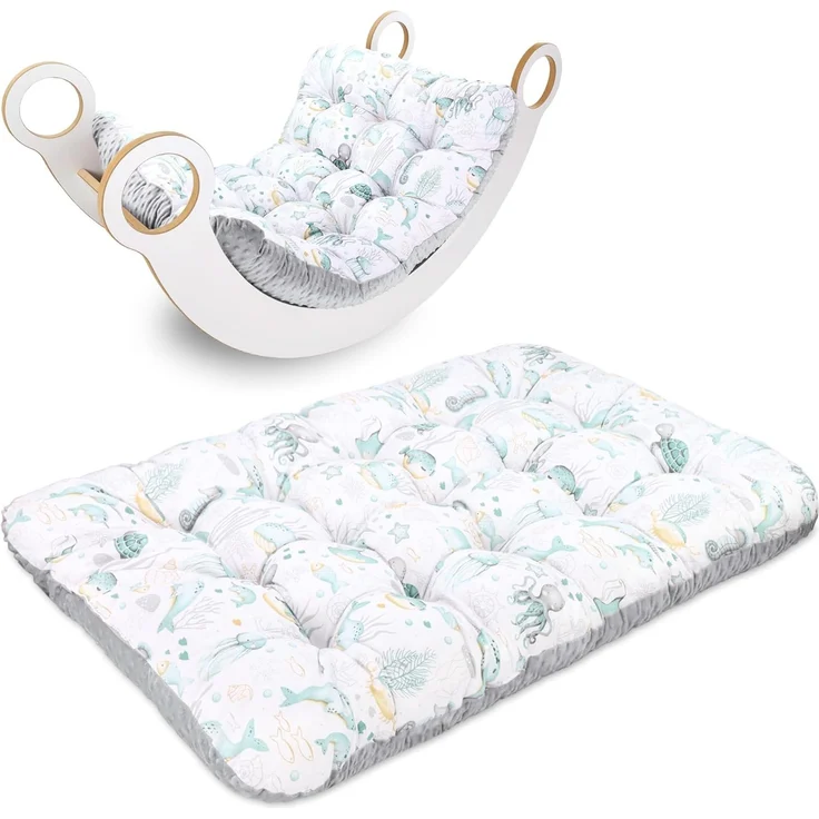 Krabbeldecke für Baby Kissen für Kletterbogen 70x110 cm - Bodenkissen Kinder Matte für Montessori Spielbogen Wippe Kletter Bogen Polster Spieldecke für Kinderzimmer Wassertiere mit hellgrau