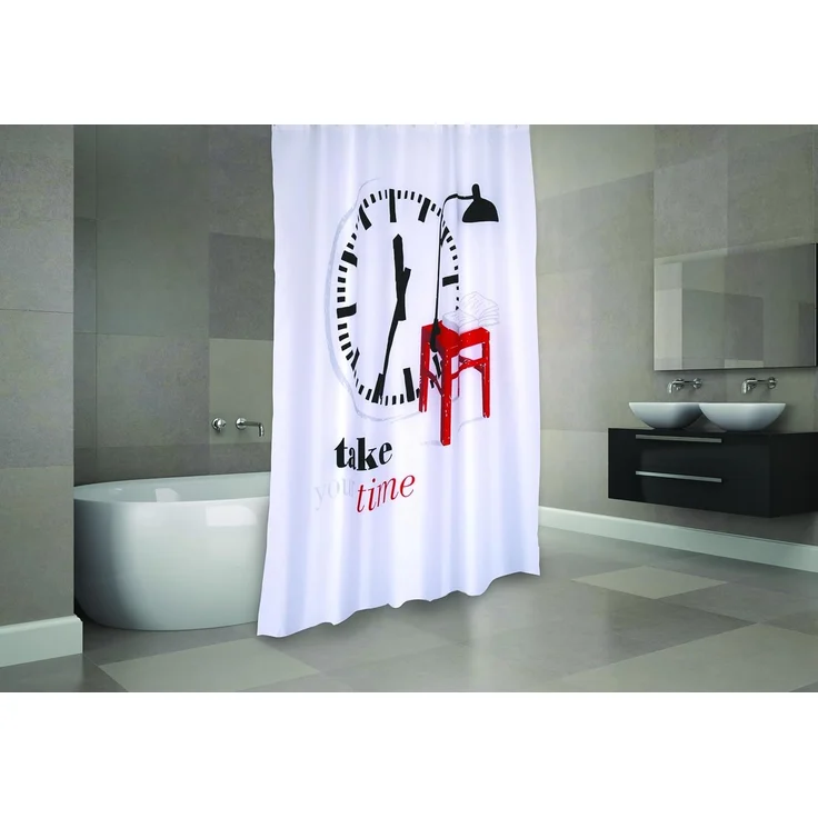 MSV Duschvorhang TAKE YOUR TIME Breite 180 cm, Premium Anti-Schimmel Textil-Duschvorhang, Polyester, 180x200 cm, waschbar, weiß-bunt, Motiv "Take Your Time" – Bild 2