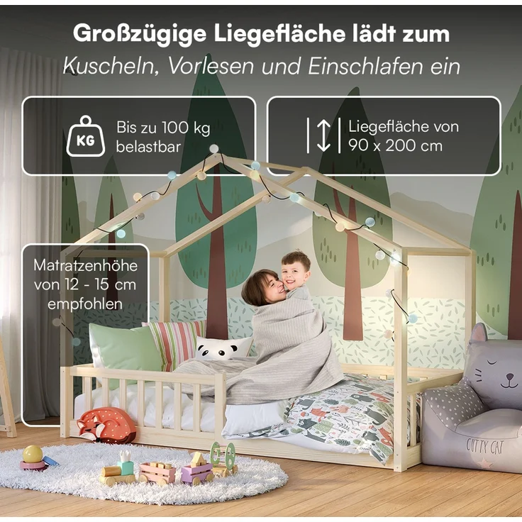 Bellabino 'Bia' Hausbett 90x200 cm, natur, Kiefer Massivholz, Bodenbett in Hausoptik, Montessori Kinderbett mit Rausfallschutz und Lattenrost – Bild 5