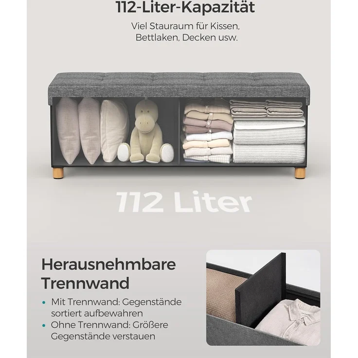 Songmics Sitzbank mit Stauraum, Schuhbank, klappbare Sitztruhe, Aufbewahrungsbox, Fußbank, 38 x 110 x 40 cm, für Wohnzimmer, Schlafzimmer, dunkelgrau – Bild 6