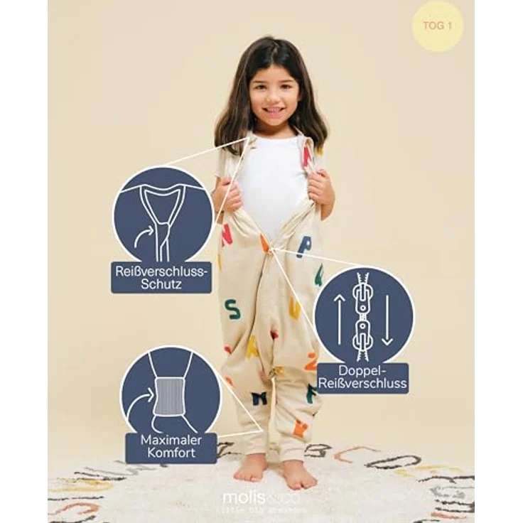 molis&co - Baby Schlafsack mit Füßen - Ideal für Frühling und Herbst - Babyschlafsack mit Füßen 1 tog - Leicht gepolstert - 100% Baumwolle (Oeko-TEX 100), Premium Qualität - ABC (80 cm) – Bild 4