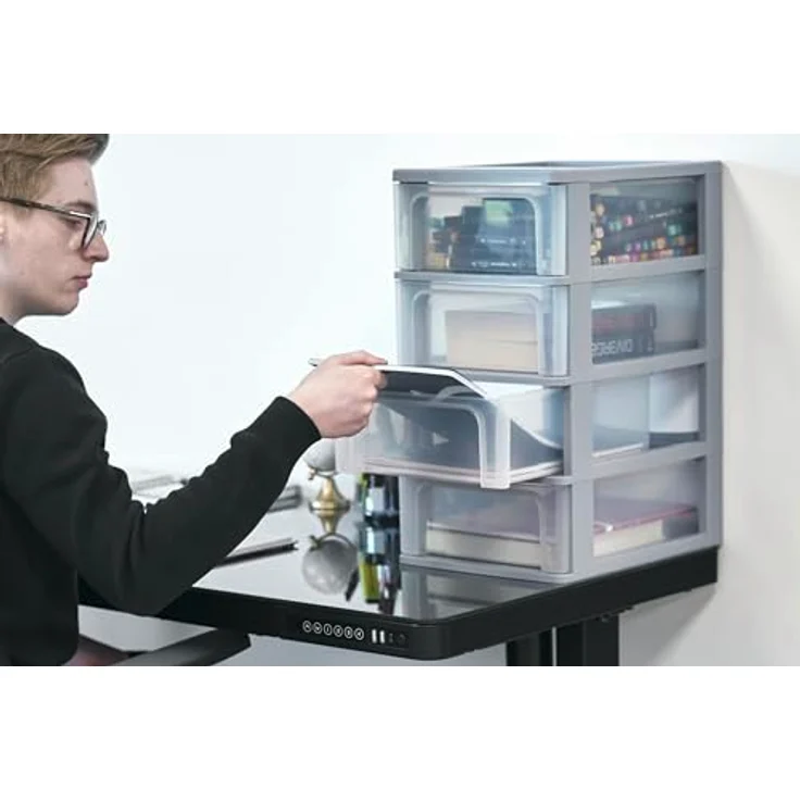 Iris Ohyama, Kunststoff Schubladenbox mit 4 flachen Schubladen, Grau, Easy-Pull-System, A4, A5 & A6 Format, Schreibtisch Organizer für Büro, Schule, Schreibwaren, BPA-frei, Schubladenschrank, OCH-2004 – Bild 5