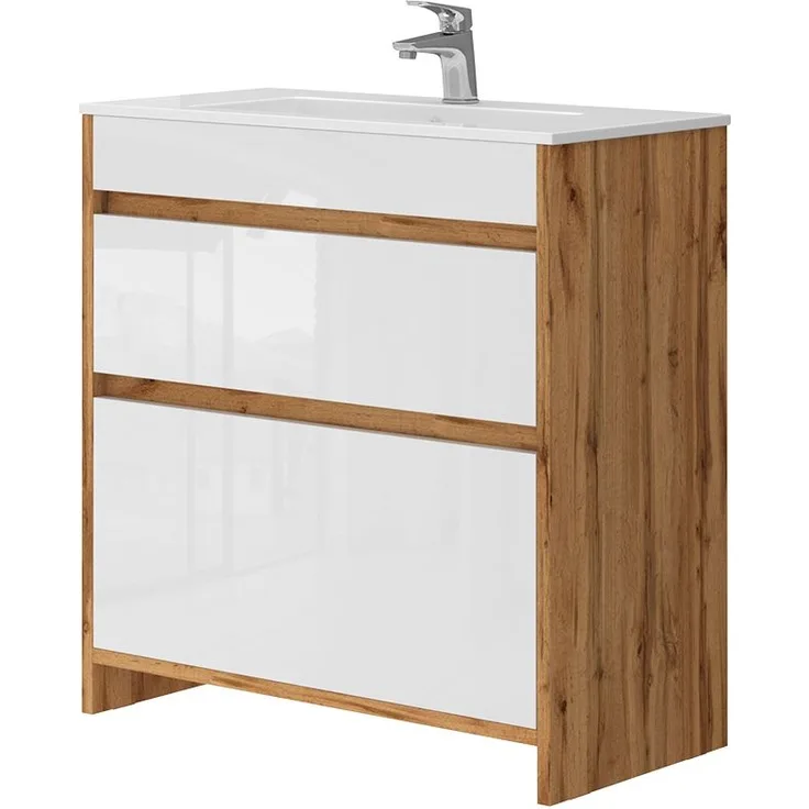 Waschbeckenunterschrank Detmold Goldkraft Eiche 2 Teile, Unterschrank 80 cm Vicco