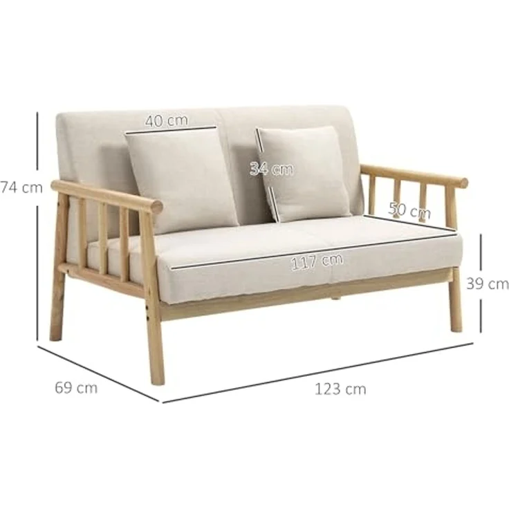HOMCOM 2-Sitzer Couch mit 2 Lendenkissen, Gepolsterter Polstersofa, Sofa 1 Teile, für kleine Räume, Wohnzimmer, Schlafzimmer, Beige – Bild 3