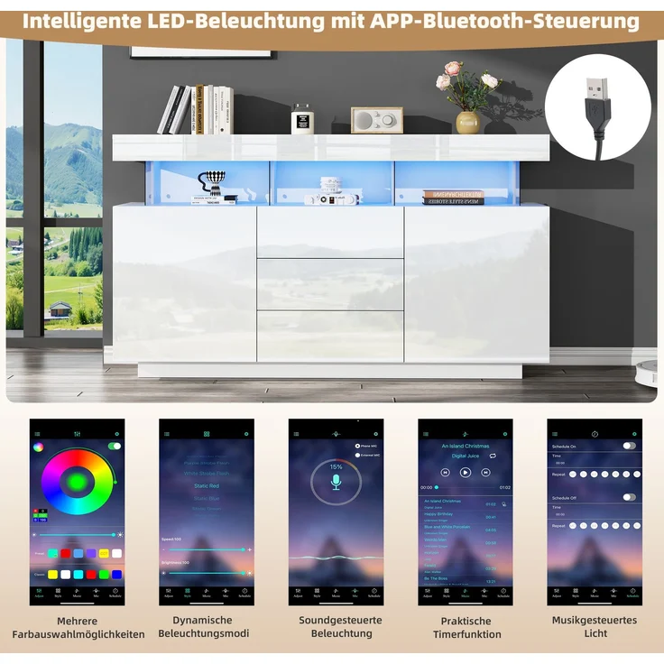 ZUBALIYA Sideboard 140x35x80 cm, mit LED-Beleuchtung, Hochglanz, aus Spanplatte, Weiß – Bild 15