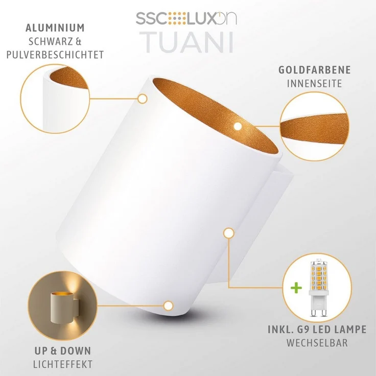 SSC-LUXon LED Wandleuchte TUANI Wandlampe weiß gold Up & Down mit G9 LED 3W warmweiß, Warmweiß – Bild 2