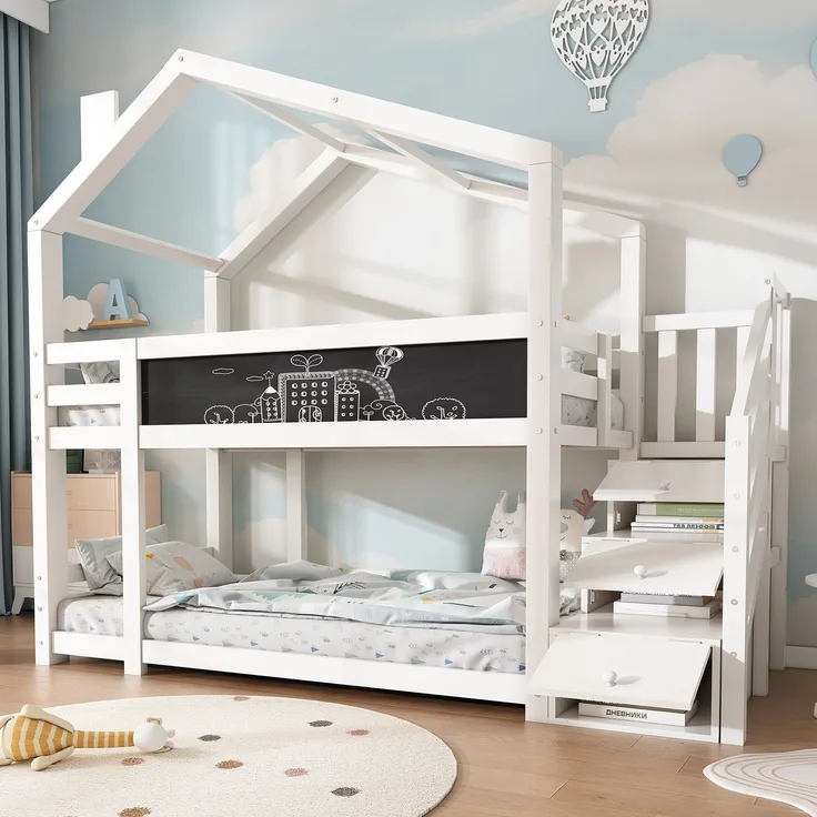 Kinder Hochbett Baumhaus mit Schubladen und Wandtafel, Weiß 90×200 cm, Etagenbett mit Treppe, Massivholz