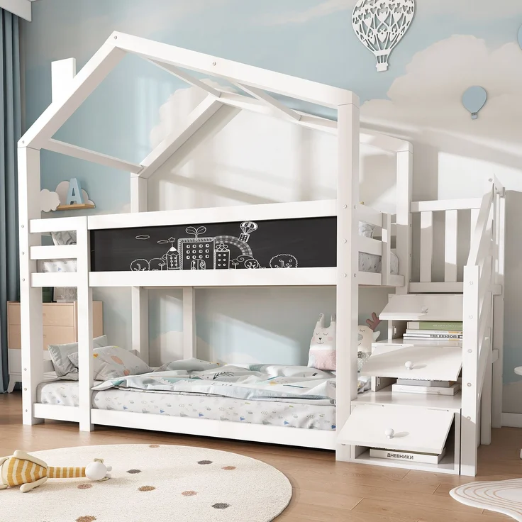 Kinder Hochbett Baumhaus mit Schubladen und Wandtafel, Weiß 90×200 cm, Etagenbett mit Treppe, Massivholz – Bild 1