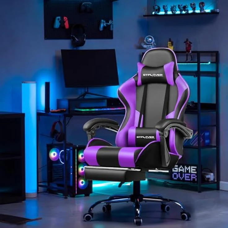 GTPLAYER Gaming Stuhl, Bürostuhl, Ergonomischer Pc Stuhl, Gaming Sessel mit Massagelendenwirbelstütze, Task Stühle mit Fußstütze und Kopfstütze, Lila Kunstleder – Bild 3