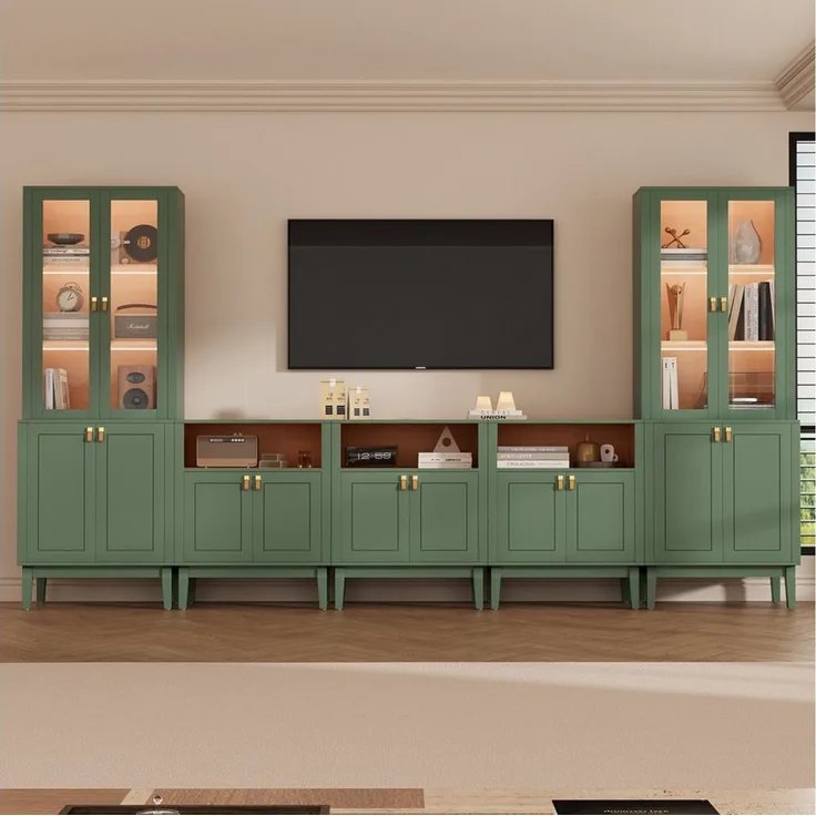 VOWNER TV-Board Set mit Glastüren, LED Fernsehschrank multifunktional (5 St), 5PSC Version: 180cm für TV bis 75 Zoll, Maße 300 x 180 x 40 cm