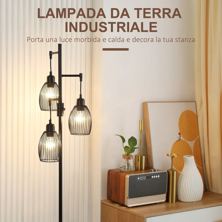 JARDJ Industrielle Stehlampe mit 3 Lampenschirmen und einstellbarem Dimmer, aus Stahl, 30 x 30 x 170,5 cm, Schwarz – Bild 7