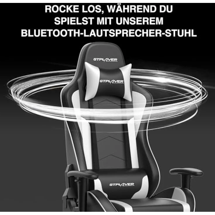 GTPLAYER Gaming Stuhl Gamer Stuhl mit Fußstütze Bluetooth Lautsprecher Ergonomischer Bürostuhl Computerstuhl Schreibtischstuhl PC Stuhl mit verstellbare Rückenlehne 150 kg Belastbarkeit weiß – Bild 9